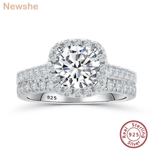 Newshe Prata 925 Silver Engagement Rings Set for Women Anillos Brilliant Halo Round Cut Cubic Zircon Luxury Wedding Jewelry